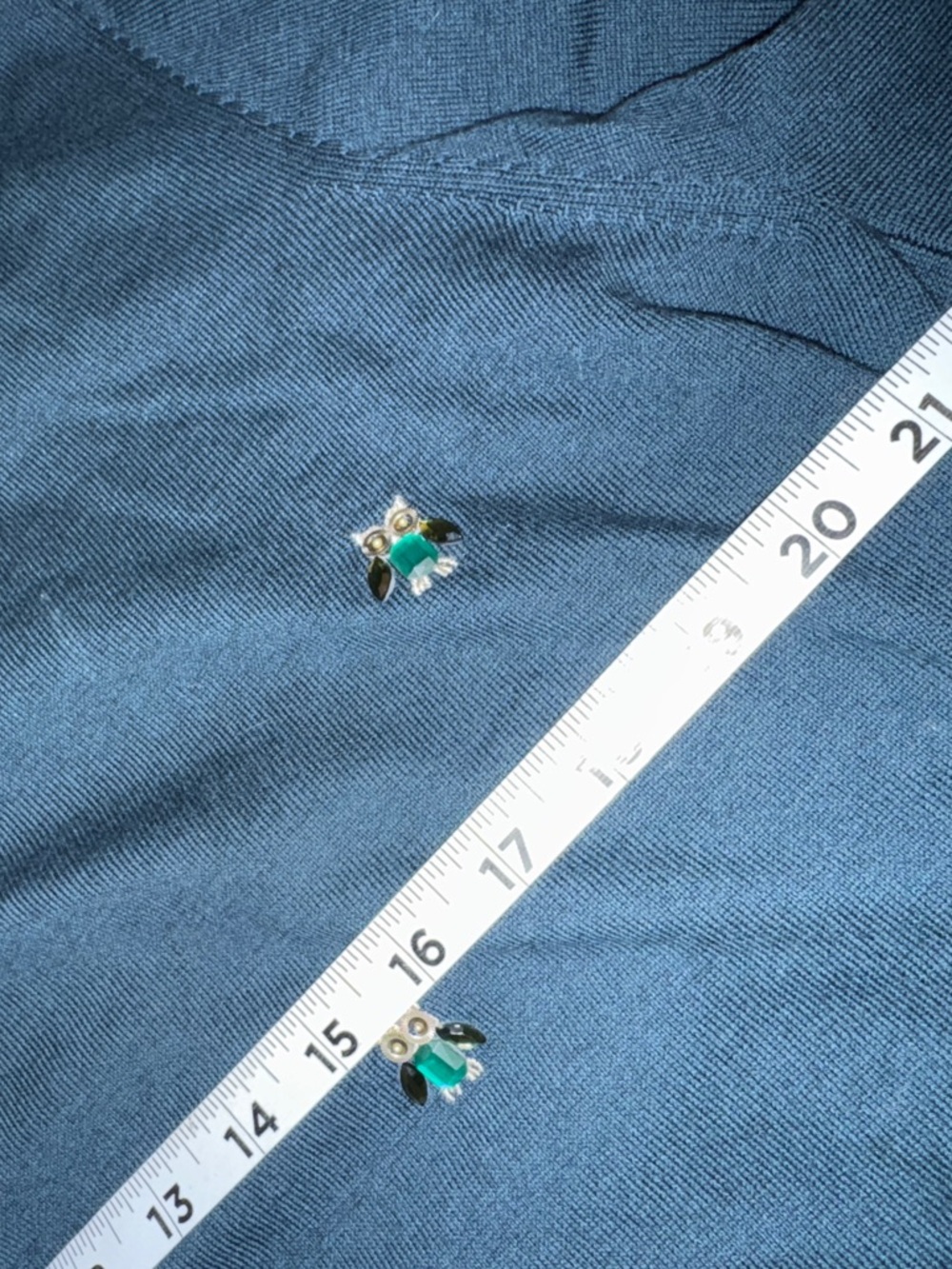 Talbots Blue Crewneck Sweater with rhinestone jewel owls, lightweight sz XL - Picture 10 of 12